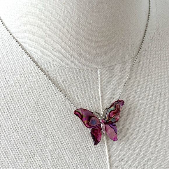 Silver Tone Chain Purple Faux Mother Of Pearl Deco Butterfly Pendant Necklace - Picture 2 of 6